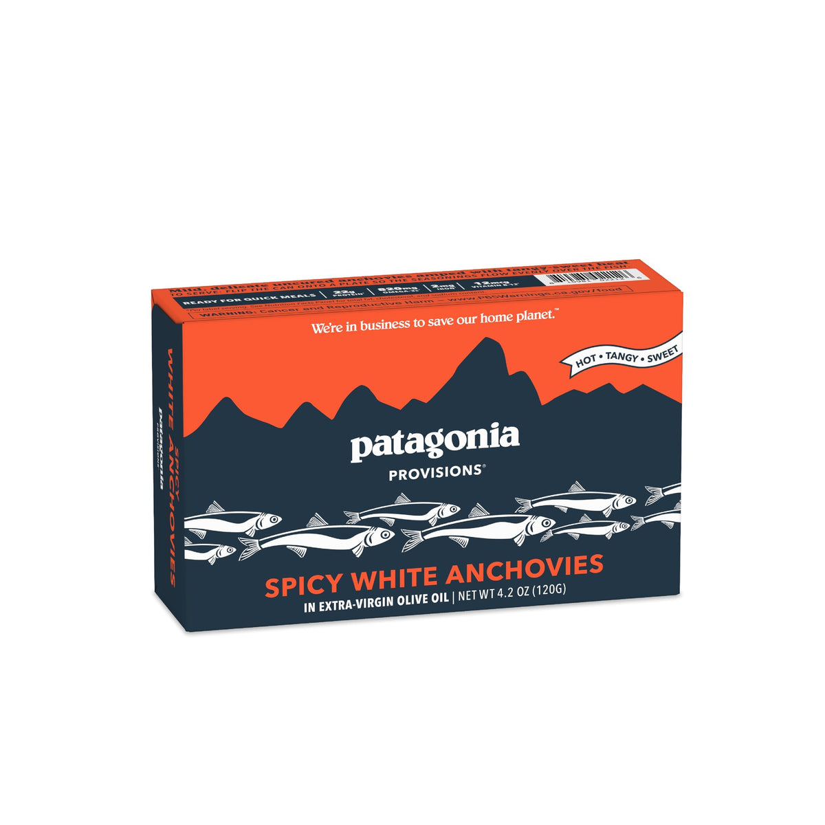 Patagonia Provisions Spicy White Anchovies tin front view, protein-rich pantry staple for quick meals.