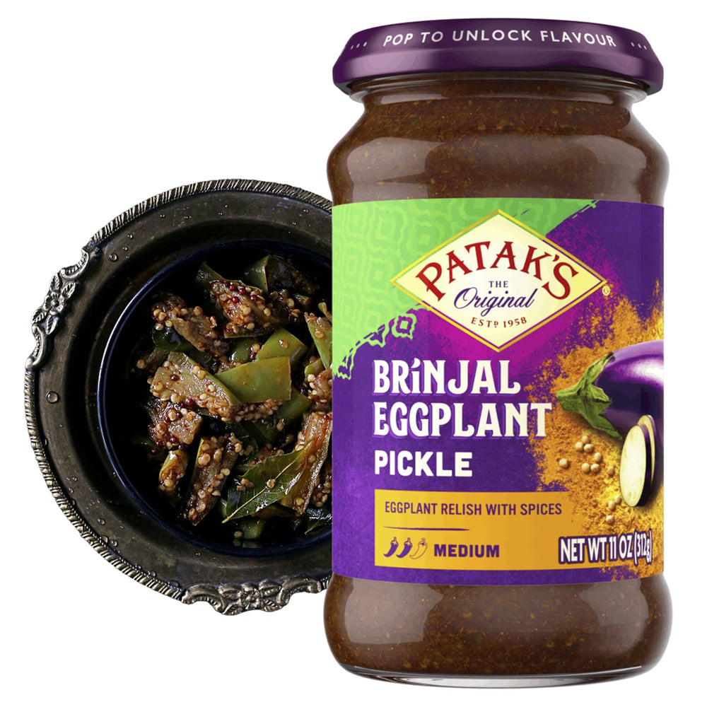 Patak's Brinjal Eggplant Pickle jar front view, ideal with naan or rice.