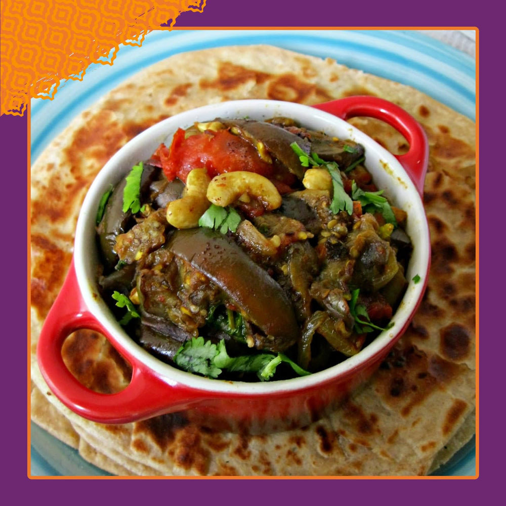 Patak's Brinjal Eggplant Pickle label close-up, authentic Indian achar.
