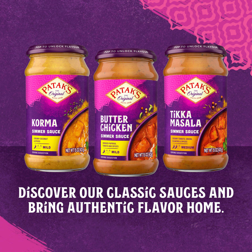 Patak's Butter Chicken sauce label notes gluten-free and vegetarian options.