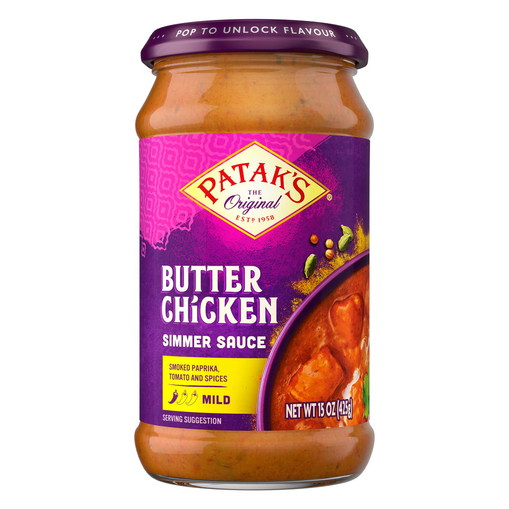 Patak's Butter Chicken simmer sauce label shows mild creaminess for quick, comforting curries.