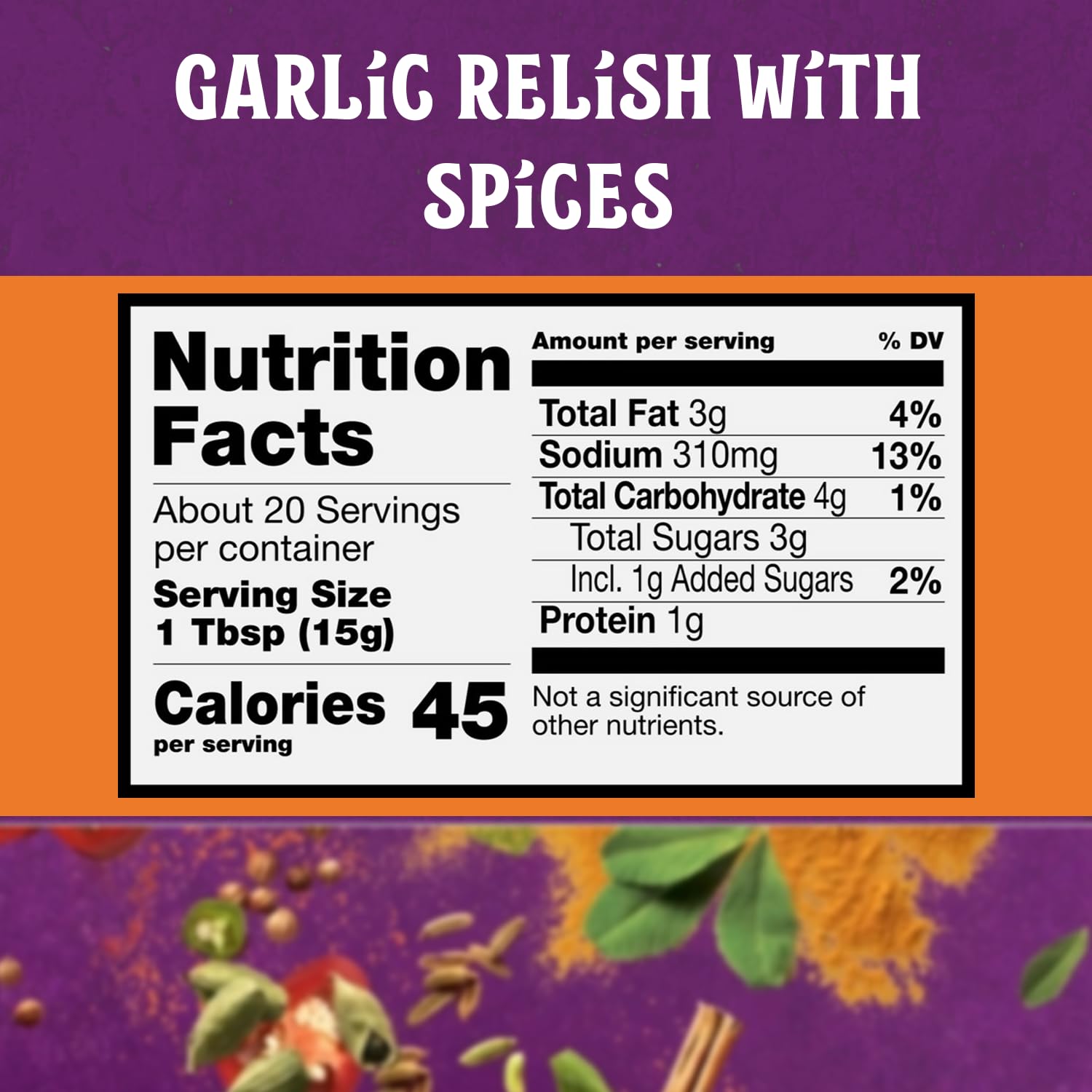 Ingredients panel on Patak’s Garlic Pickle showing garlic, raisins and spices
