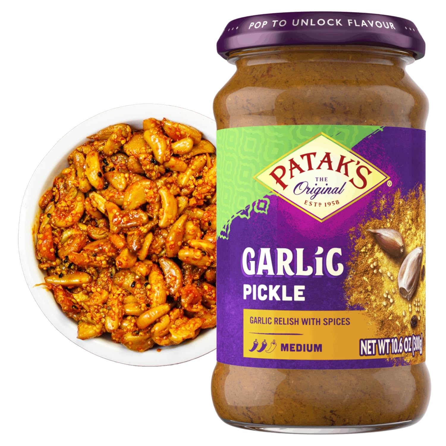 Patak’s Garlic Pickle jar front view adds authentic Indian flavor to sandwiches