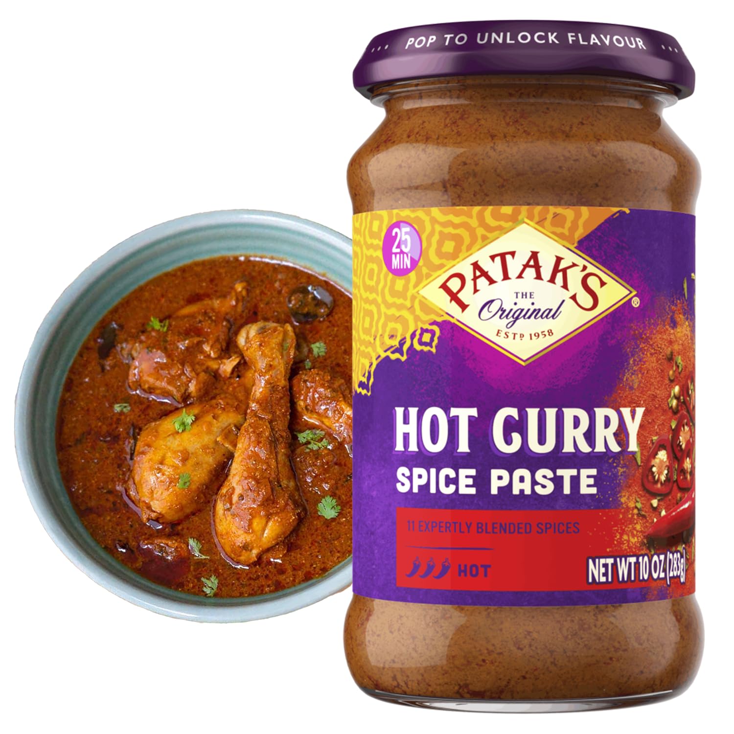 Patak's Hot Curry Spice Paste jar close-up showing bold flavor base for quick curries.