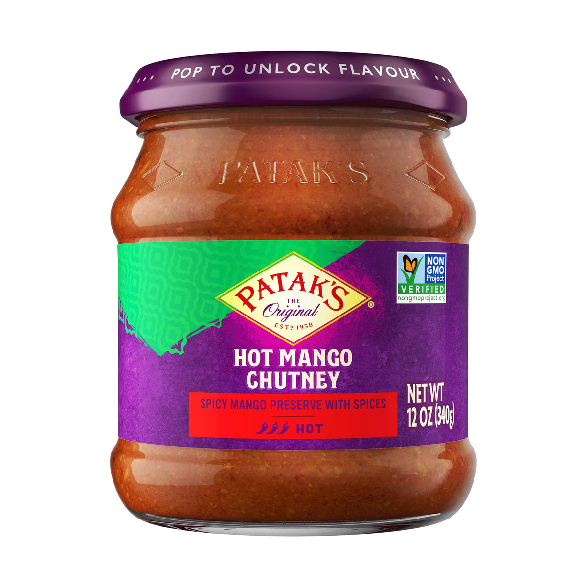 Patak’s Hot Mango Chutney bottle ready to glaze meats with sweet-spicy flavor