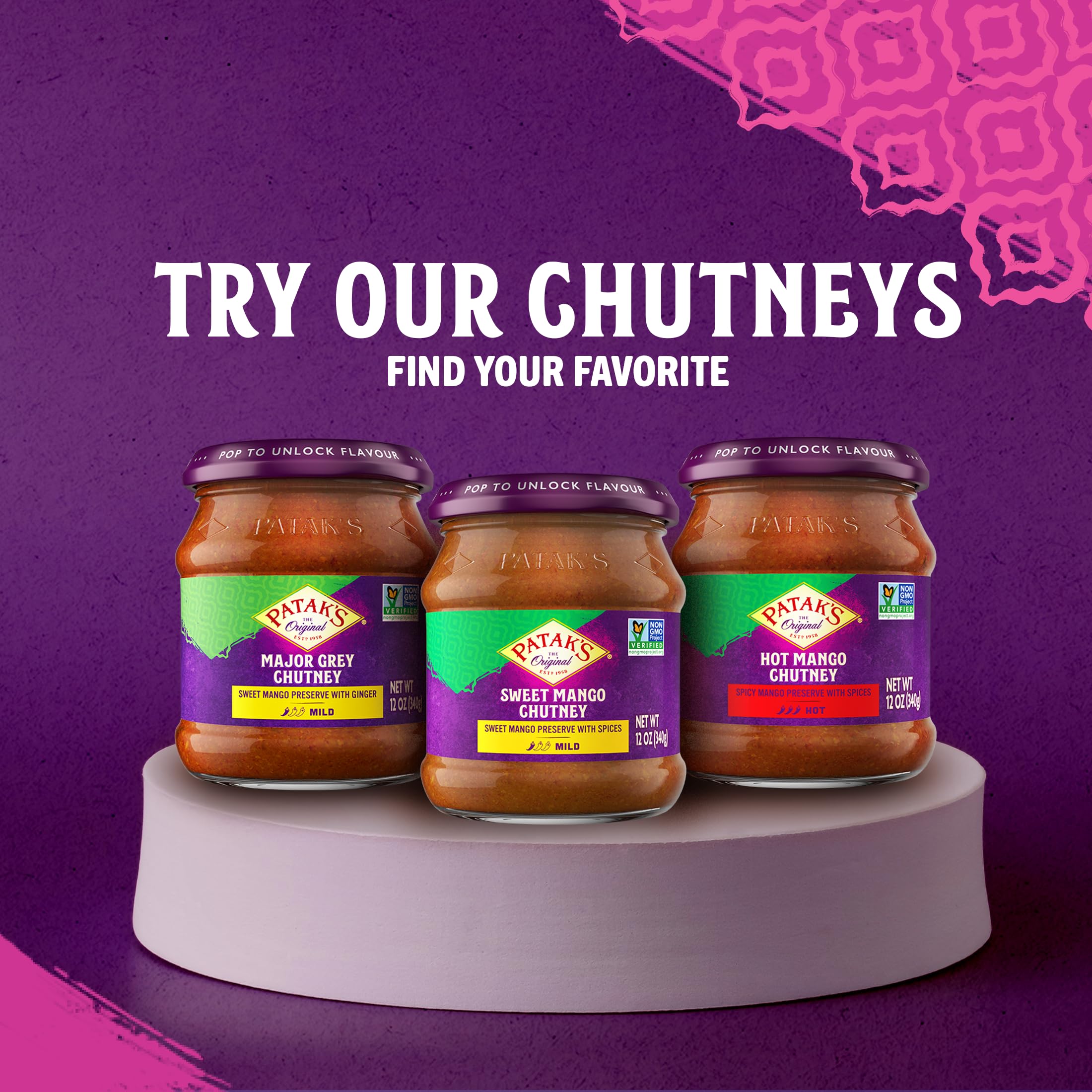 12 oz Patak’s chutney packaging on shelf for everyday use