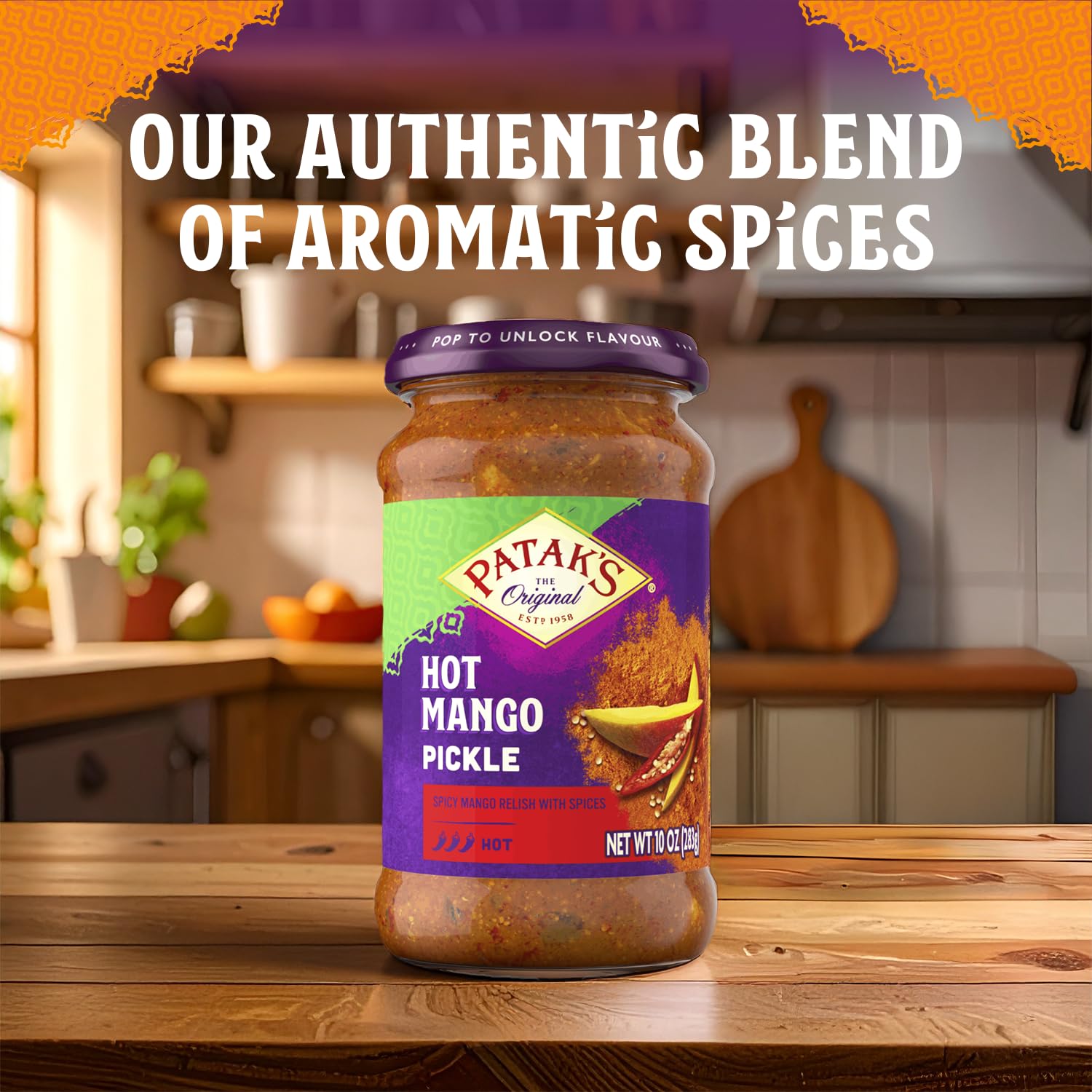 Patak’s Hot Mango Pickle jar closeup showcases rich color and chunky mango pieces.