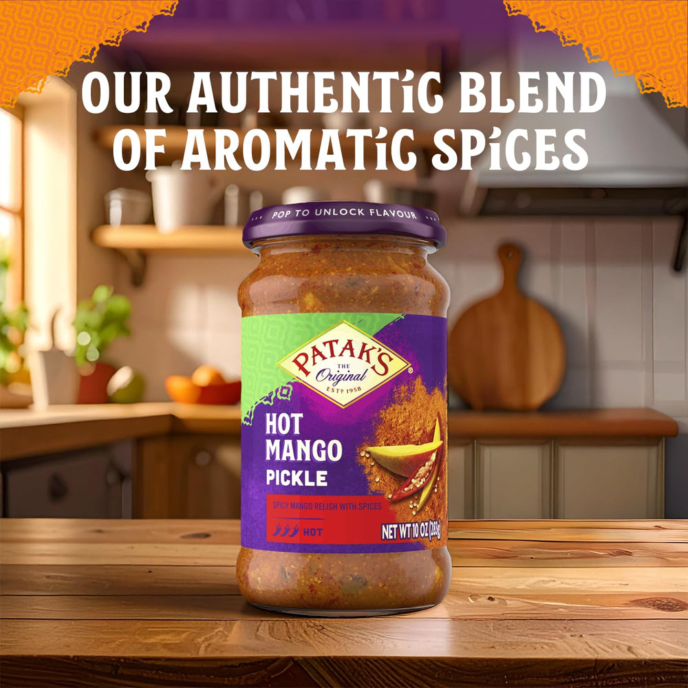 Patak’s Hot Mango Pickle jar closeup showcases rich color and chunky mango pieces.