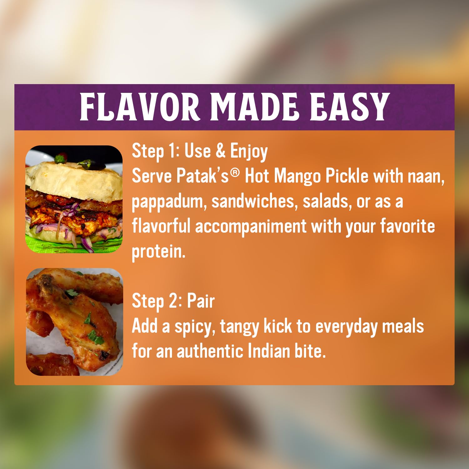 Patak’s Hot Mango Pickle sandwich wrap photo suggests quick flavor lift for lunches.