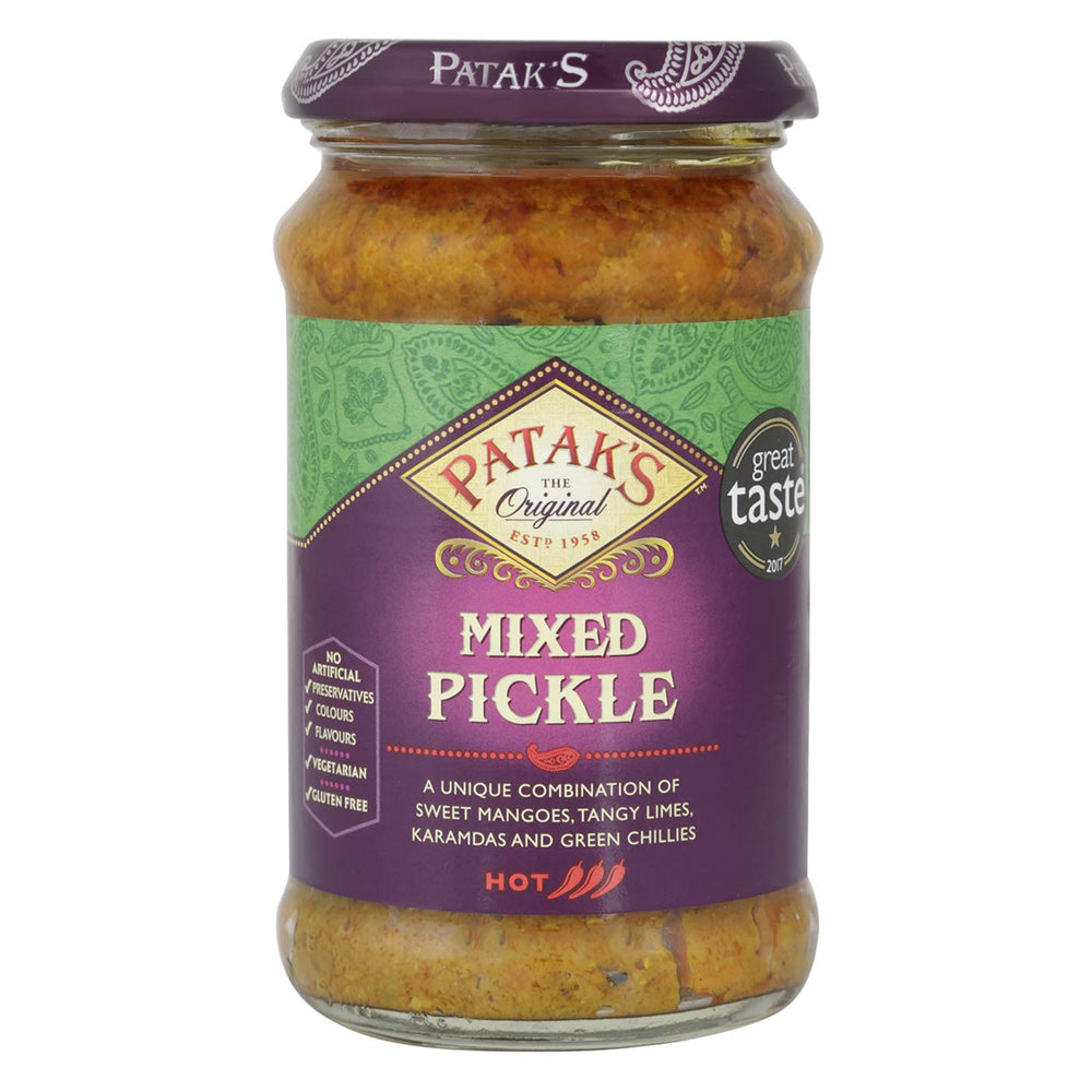 Patak's Hot Mixed Pickle jar, a bold condiment for lively meals.