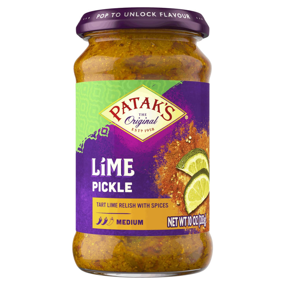 Patak's Medium Lime Pickle bottle pour for curries and sandwiches.