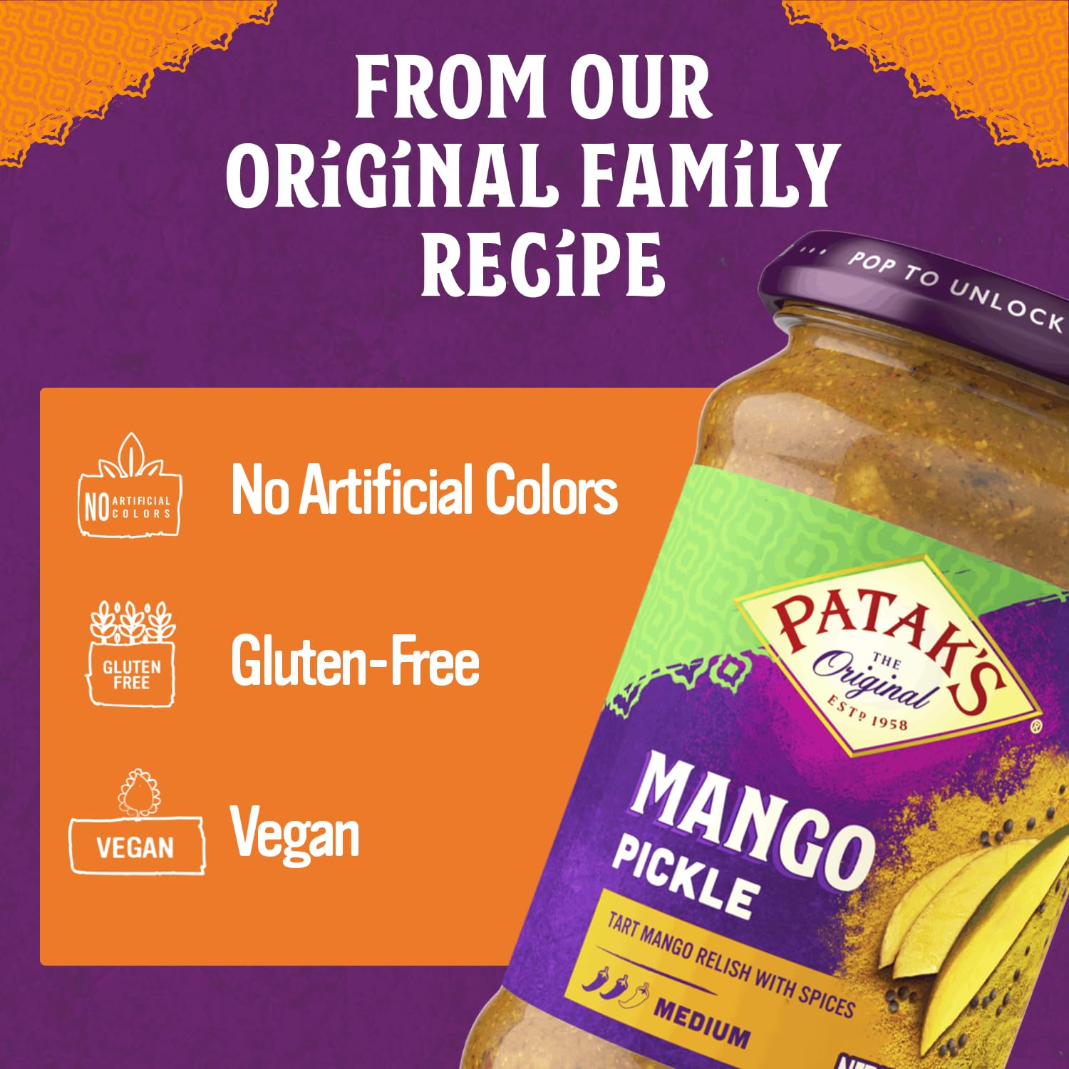 Real mango chunks in Patak's Pickle deliver juicy brightness