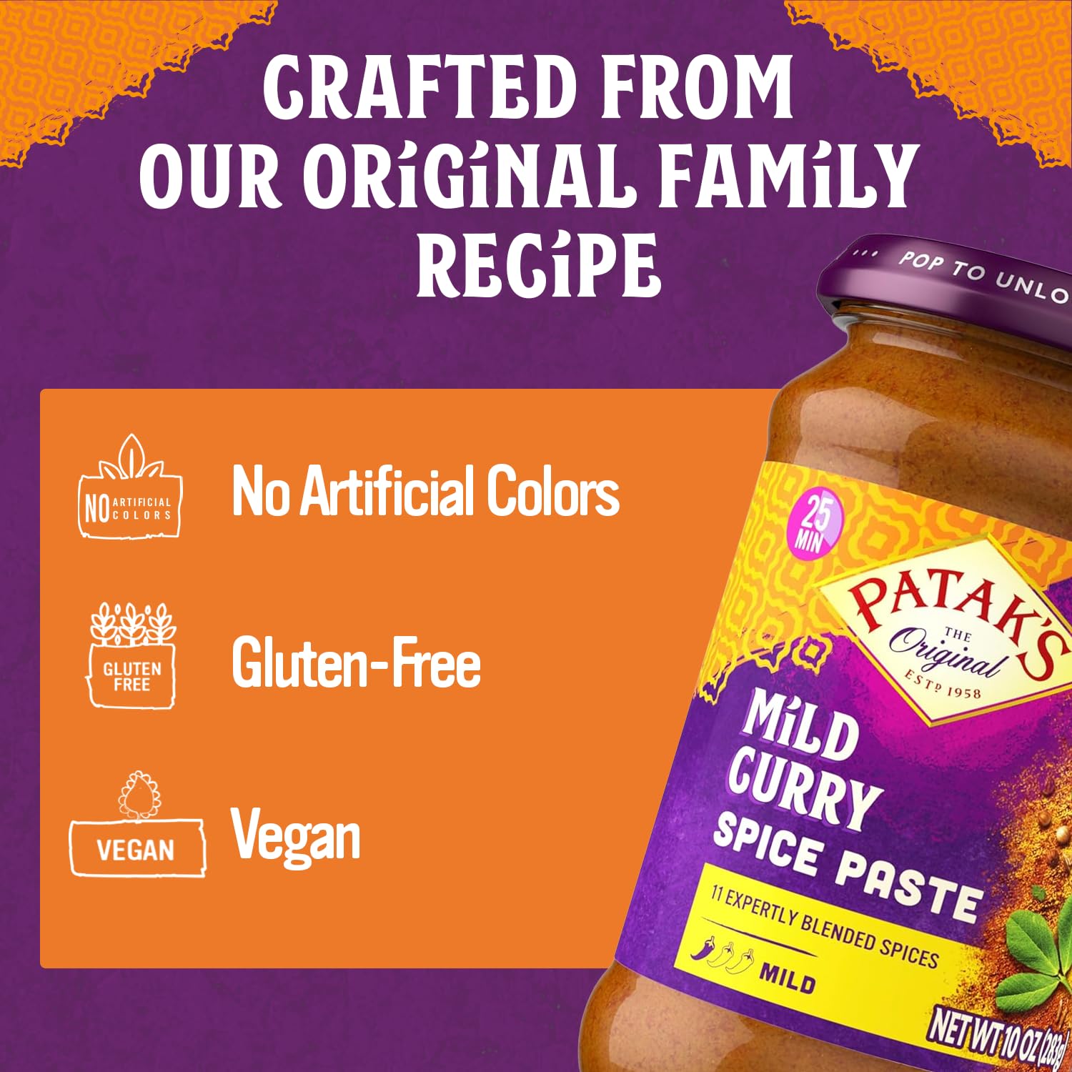 Patak's Mild Curry Base simmer pot image suggests easy one-pot meals