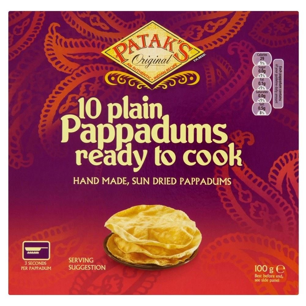 Patak's plain pappadums, ready to cook, perfect for dips and sides.