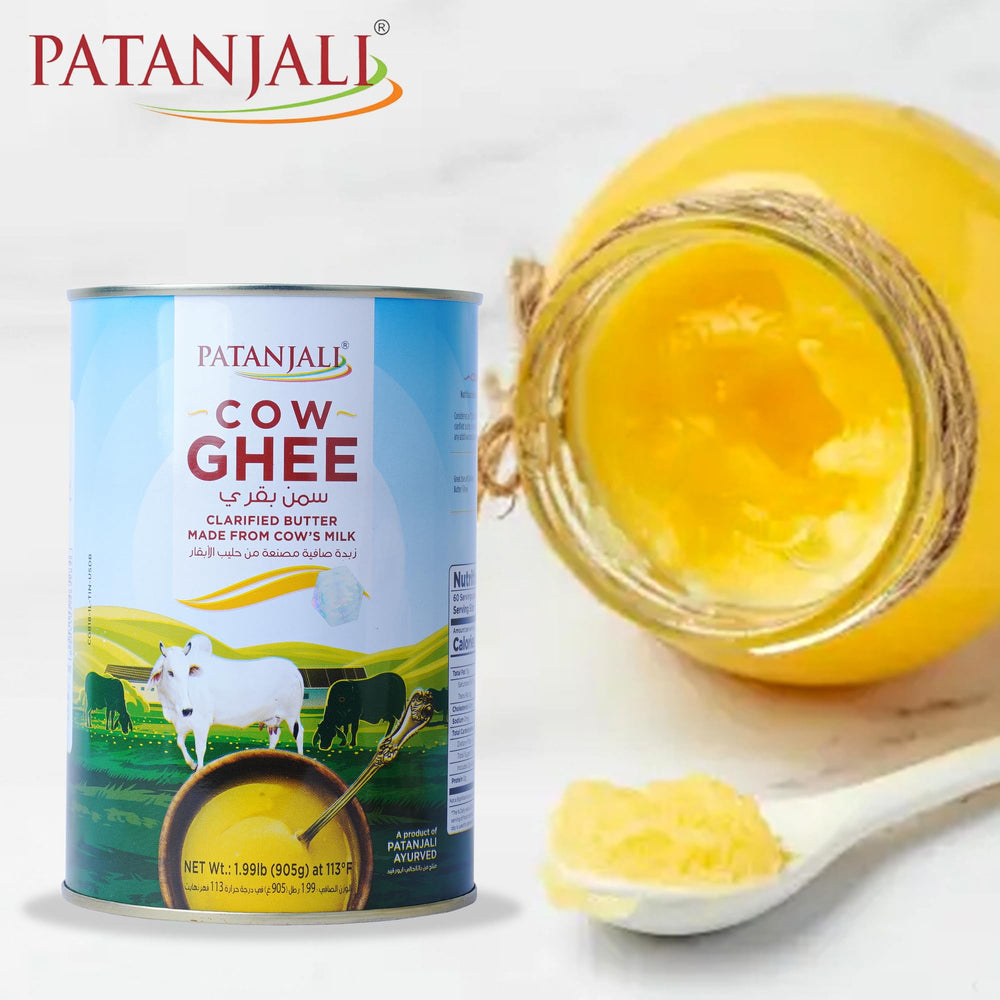Patanjali grass-fed cow ghee label closeup highlighting natural ingredients and non-GMO status