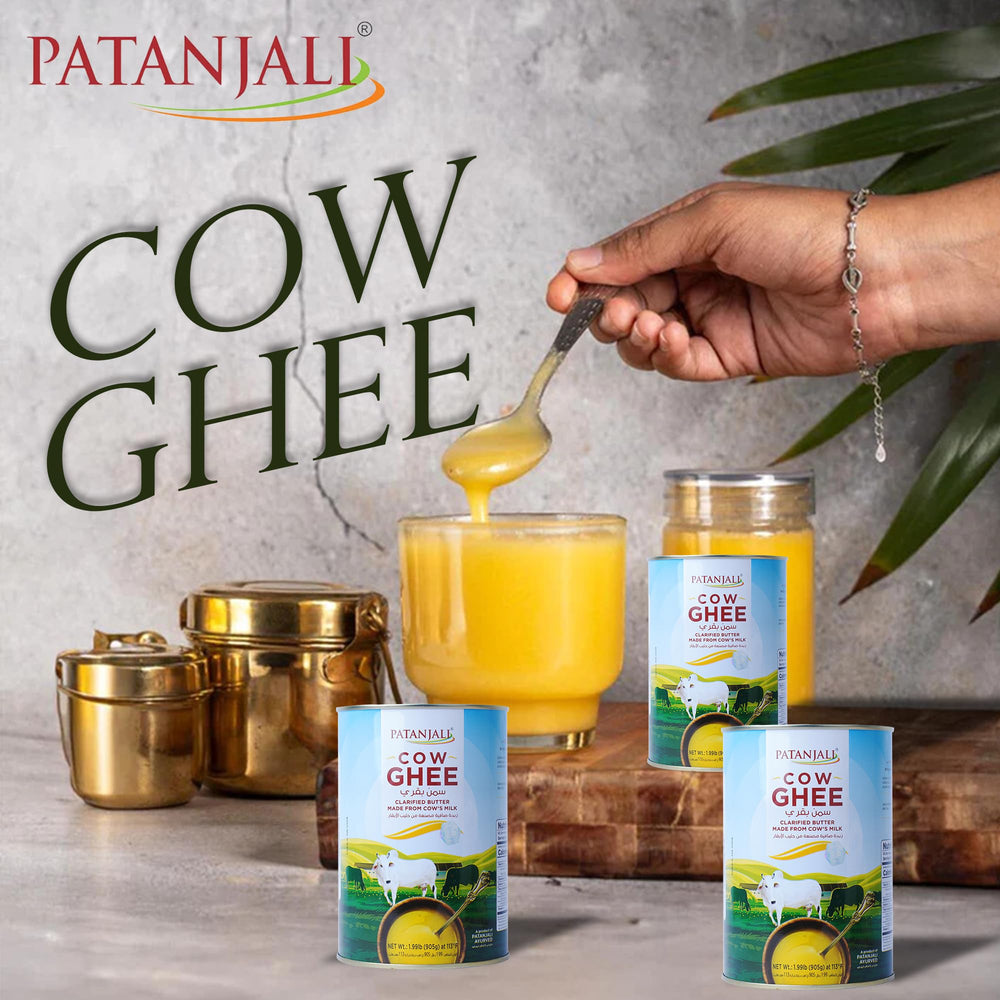 Patanjali grass-fed cow ghee silky surface emphasizes smooth texture for spreading on bread