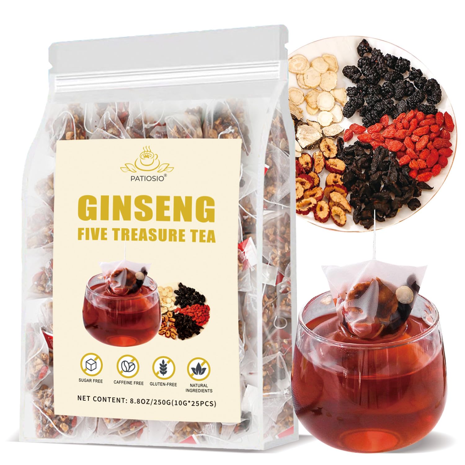 Patiosio Ginseng Five Treasures Tea box image highlighting premium herbal blend for daily wellness
