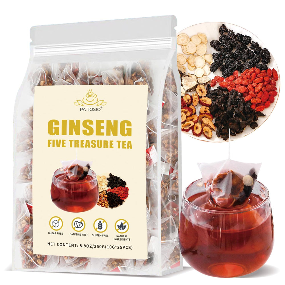 Patiosio Ginseng Five Treasures Tea box image highlighting premium herbal blend for daily wellness