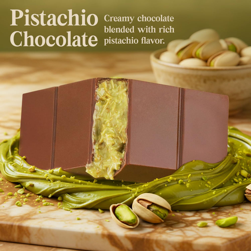 Patis Savore closeup of filling reveals creamy pistachio with dark chocolate.