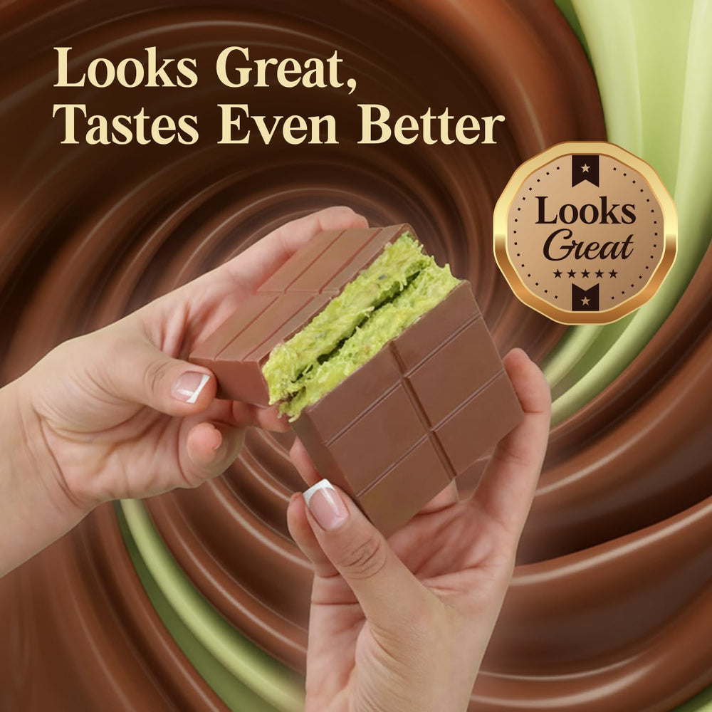 Patis Savore Dubai chocolate bar close-up showing pistachio swirl and texture.