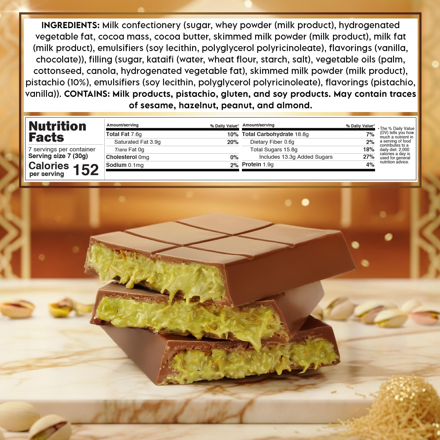 Patis Savore Dubai chocolate bar highlighting crisp kataifi layers for texture.