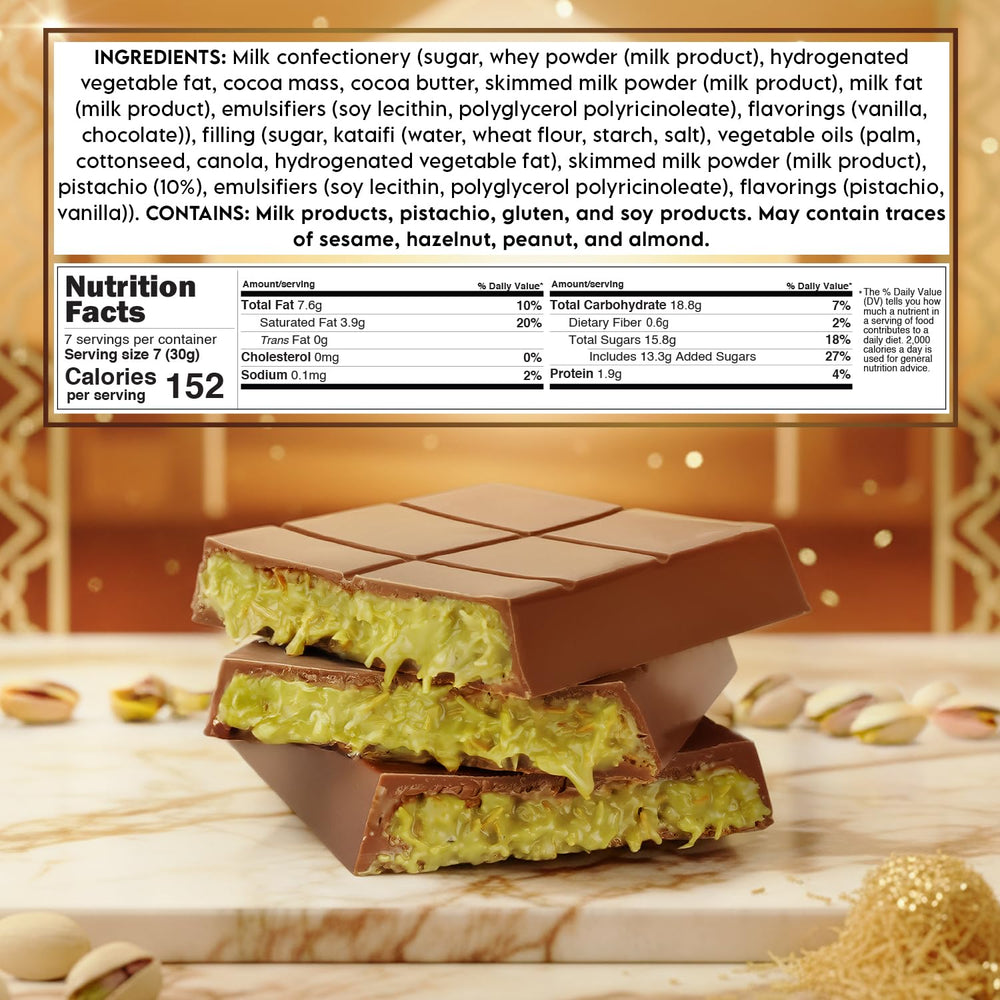 Patis Savore Dubai chocolate bar highlighting crisp kataifi layers for texture.