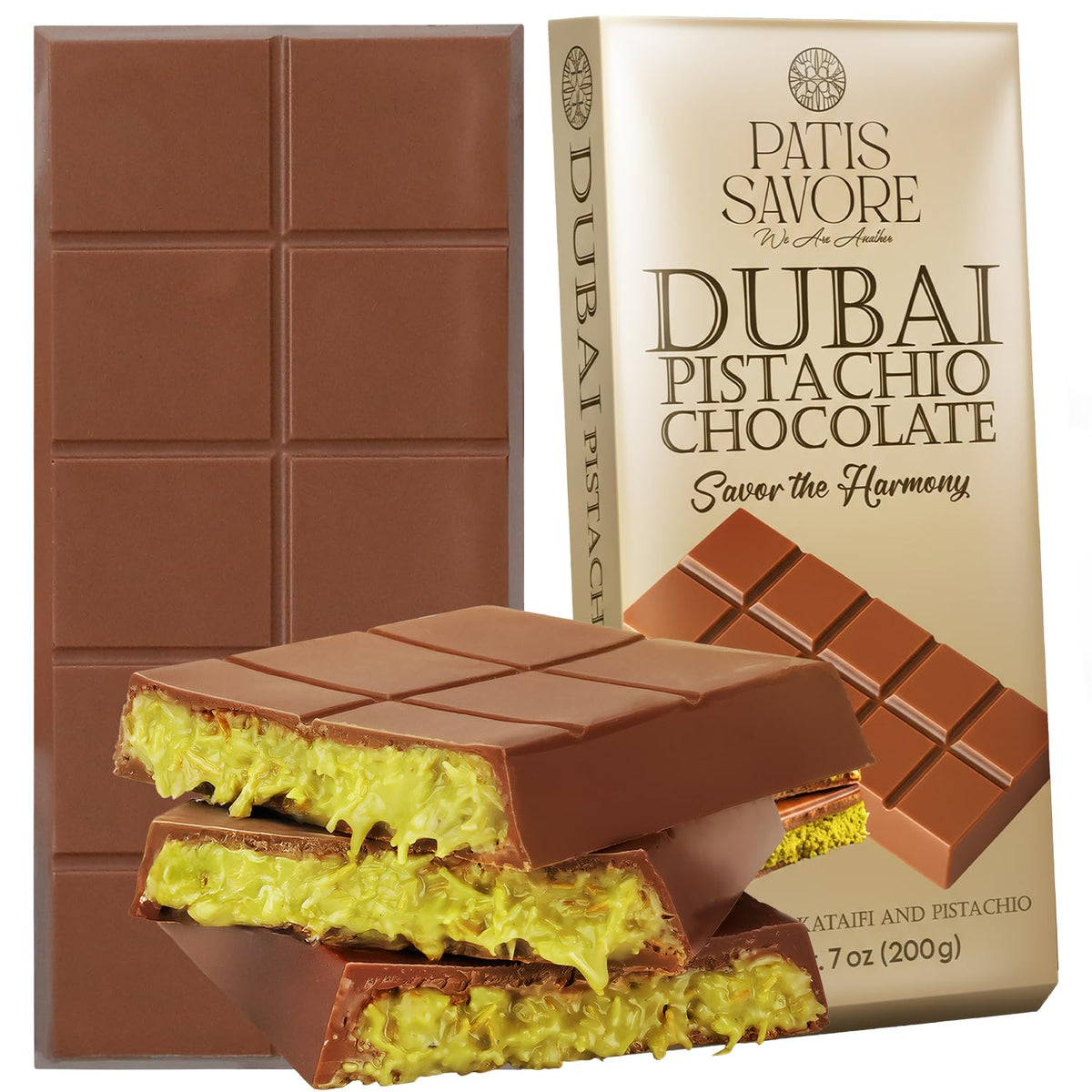 Patis Savore Dubai pistachio bar with creamy pistachio filling for discerning chocolate lovers.