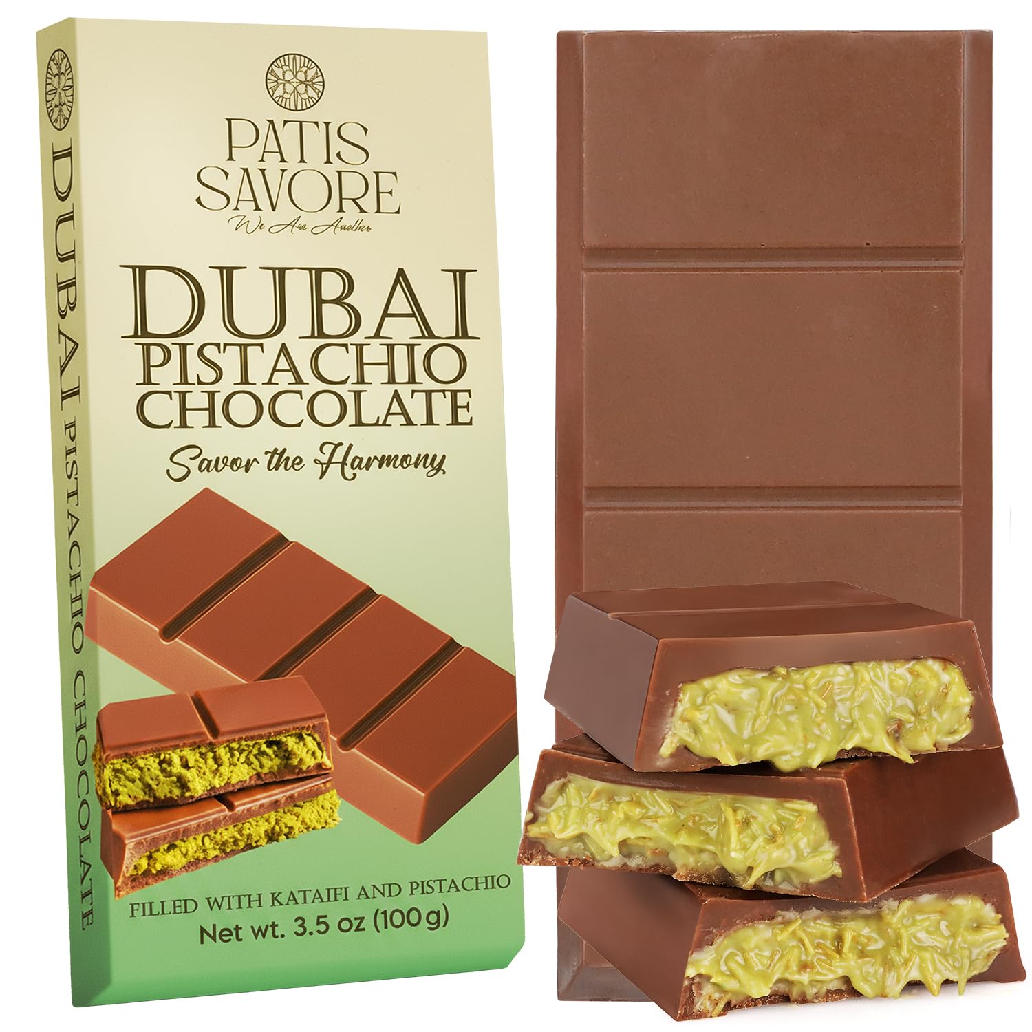Patis Savore Dubai pistachio chocolate bar highlights rich pistachio filling for refined snacking.