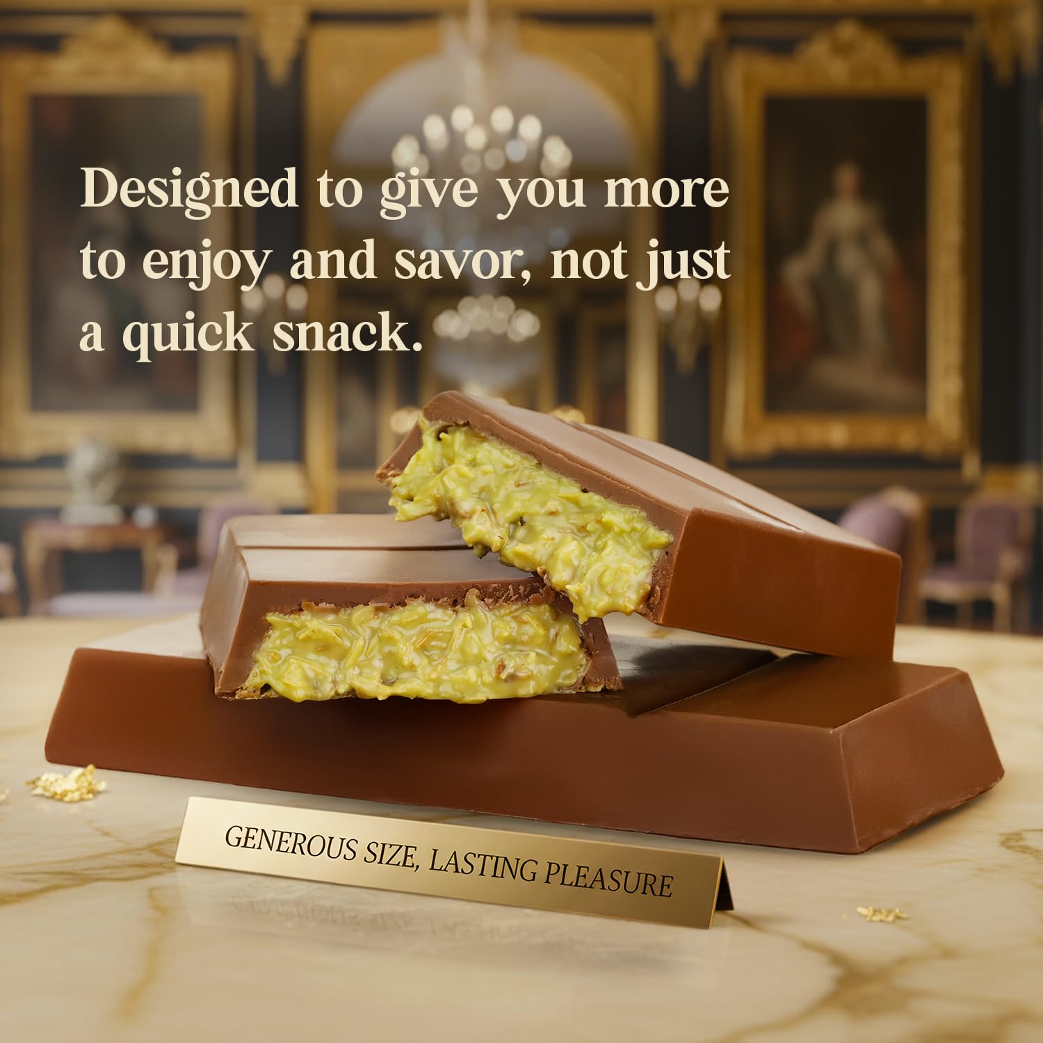 Patis Savore chocolate bar slice shows balanced filling and shell contrast.