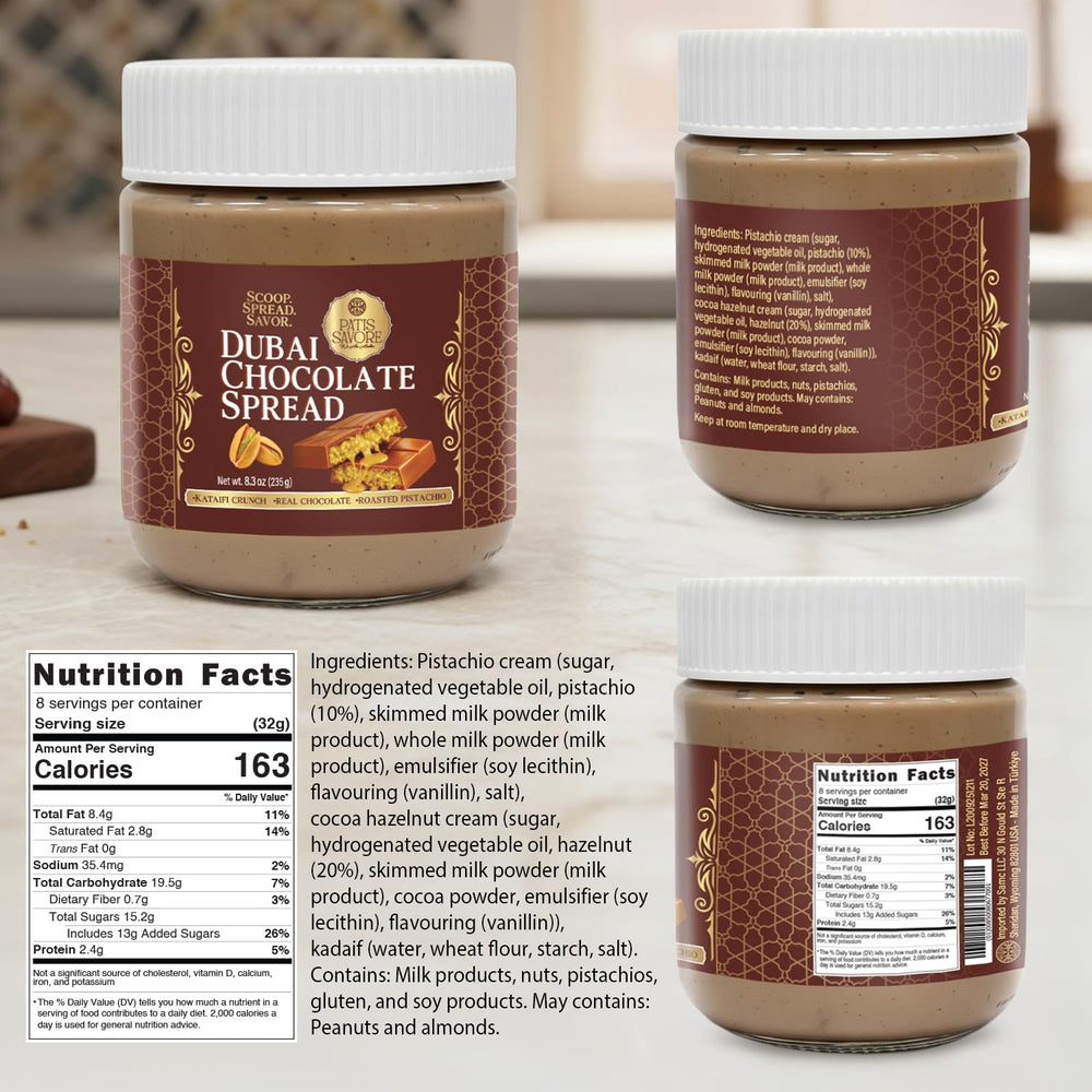 PATIS SAVORE Dubai chocolate spread on glossy jar highlighting luxury packaging.