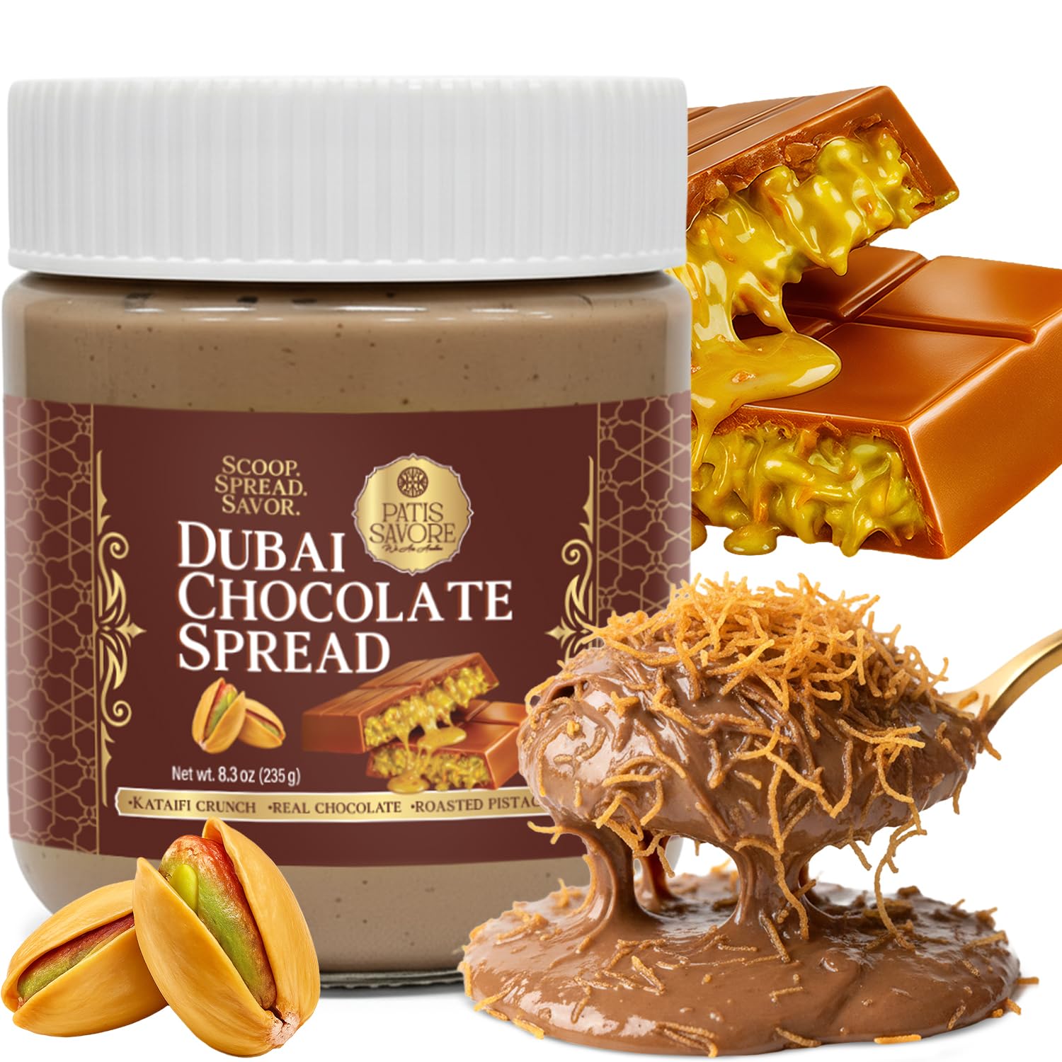 PATIS SAVORE Dubai chocolate spread jar closeup showing velvety texture and premium ingredients.