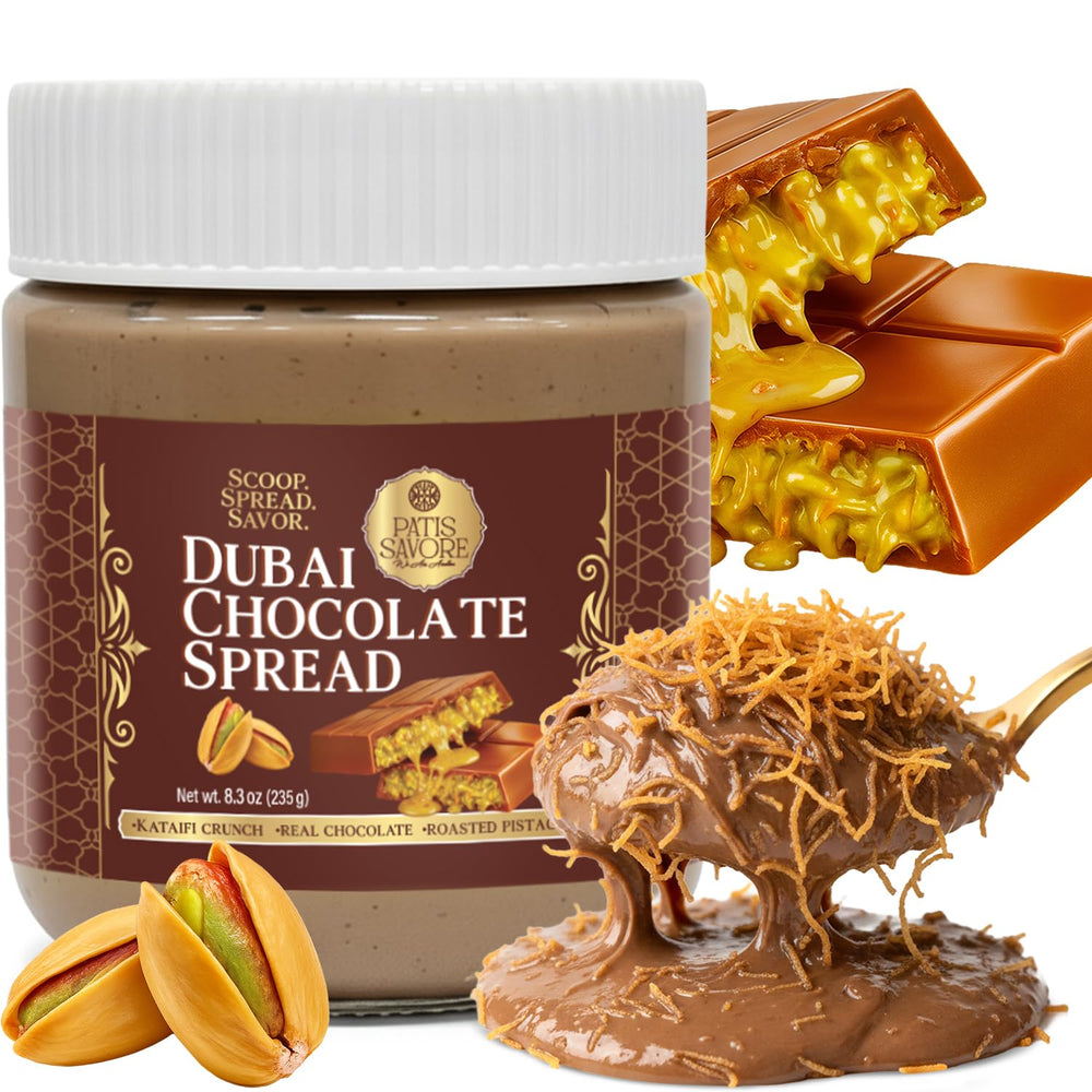 PATIS SAVORE Dubai chocolate spread jar closeup showing velvety texture and premium ingredients.