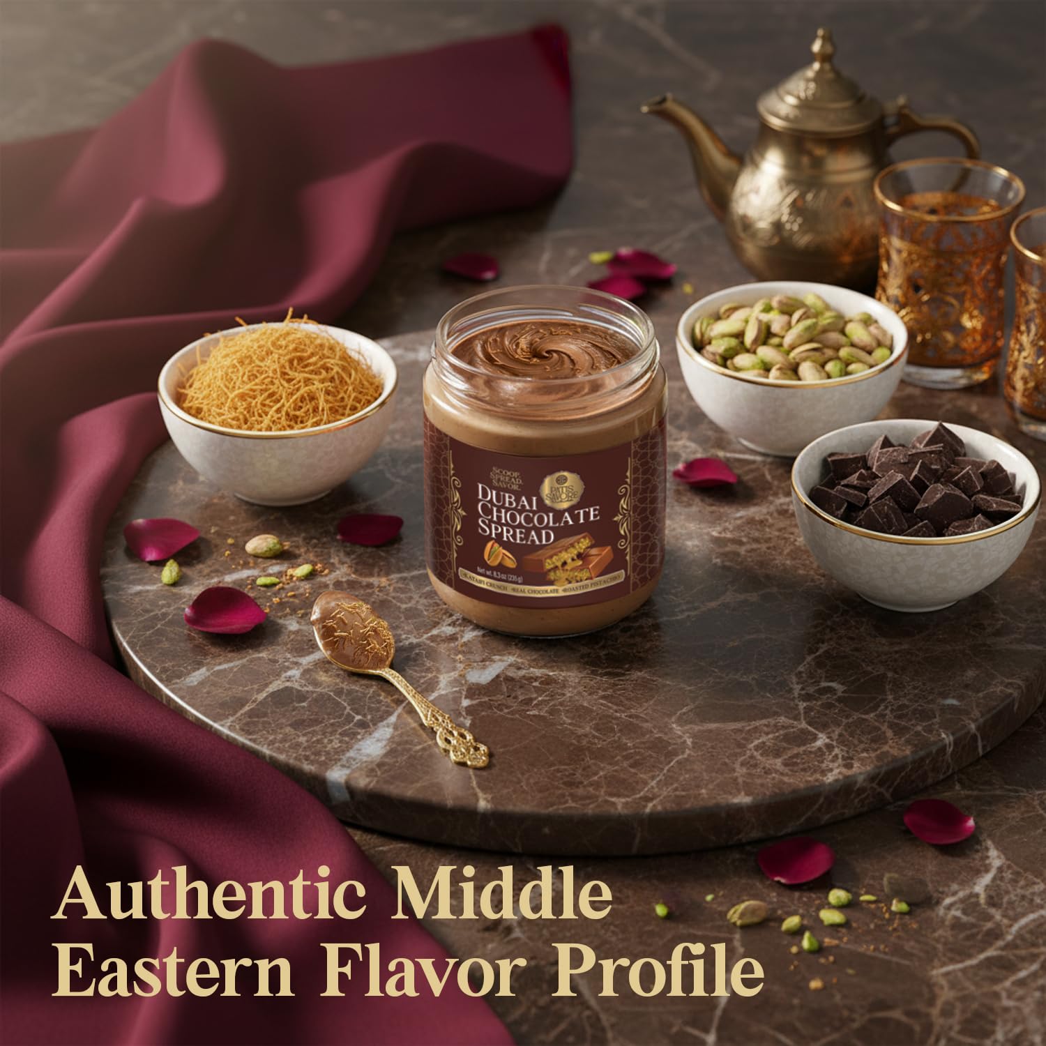 Elegant PATIS SAVORE packaging alongside a jar of Dubai chocolate spread.