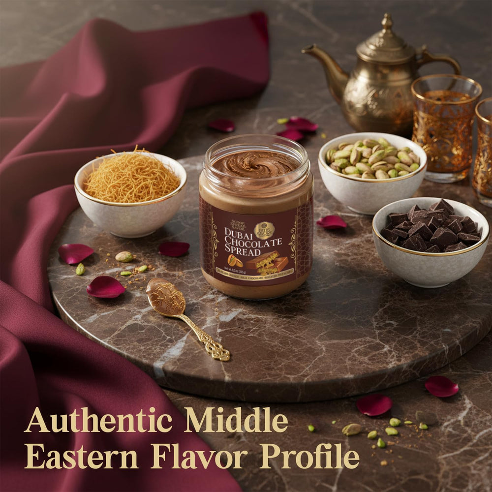 Elegant PATIS SAVORE packaging alongside a jar of Dubai chocolate spread.