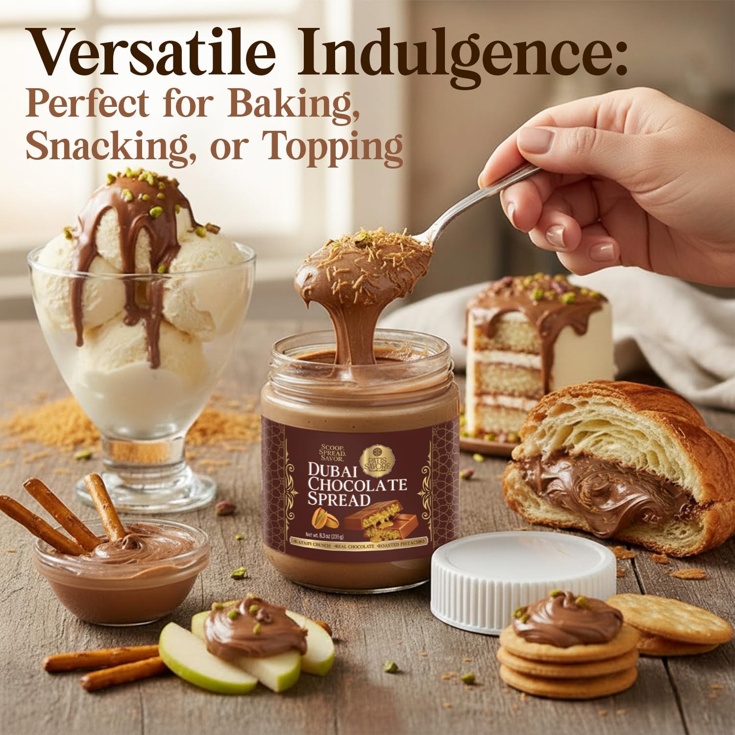 Serving PATIS SAVORE chocolate spread on a dessert plate with kataifi crunch.