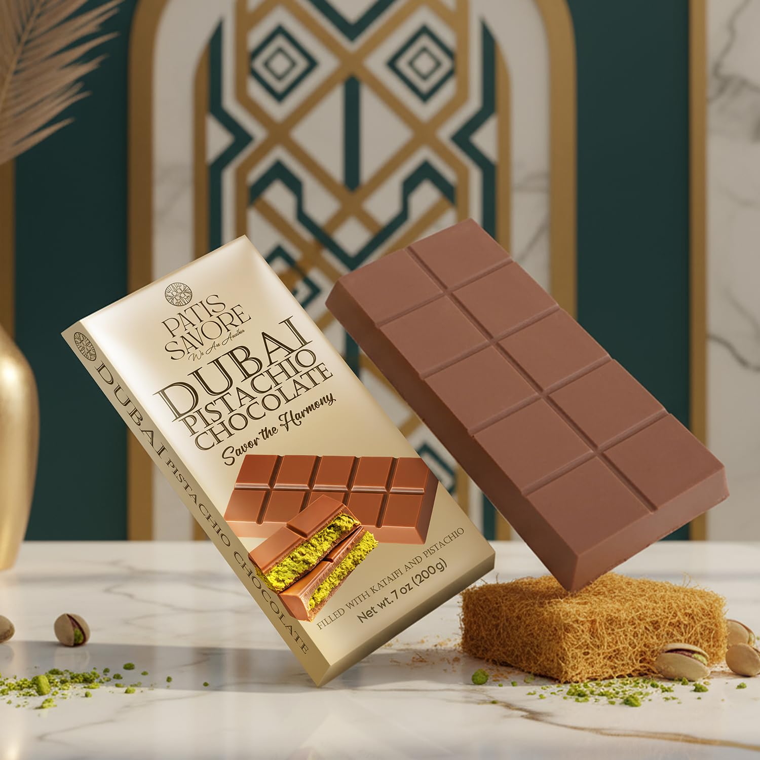 Patis Savore pistachio cream and kataifi texture visible in a single bite.