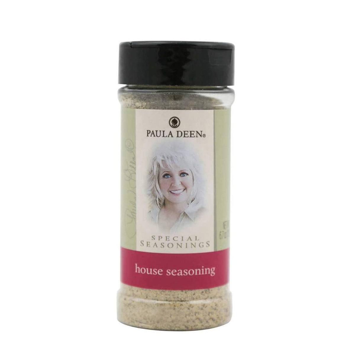 Paula Deen House Seasoning bottle adds balanced salt and pepper flavor to meats and veggies.