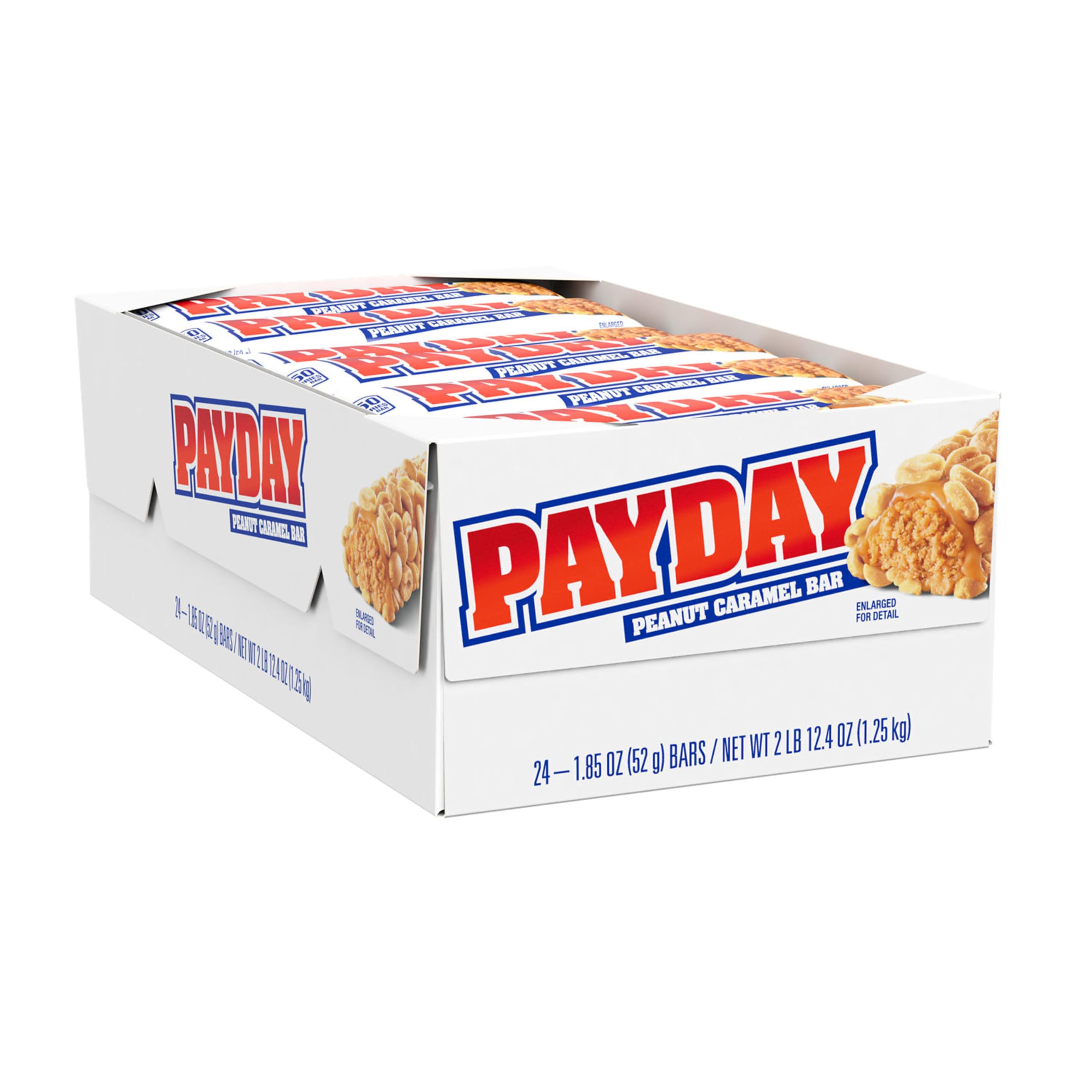 PAYDAY full-size bar unwrapped shows crunchy peanuts and creamy caramel.