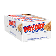 PAYDAY full-size bar unwrapped shows crunchy peanuts and creamy caramel.