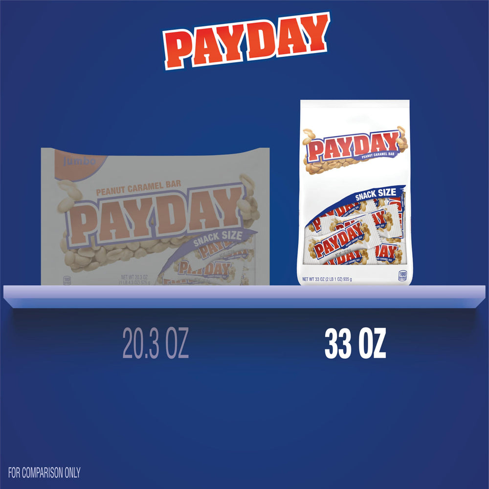 Individually wrapped PAYDAY snack-size bars stay fresh for enjoyment.