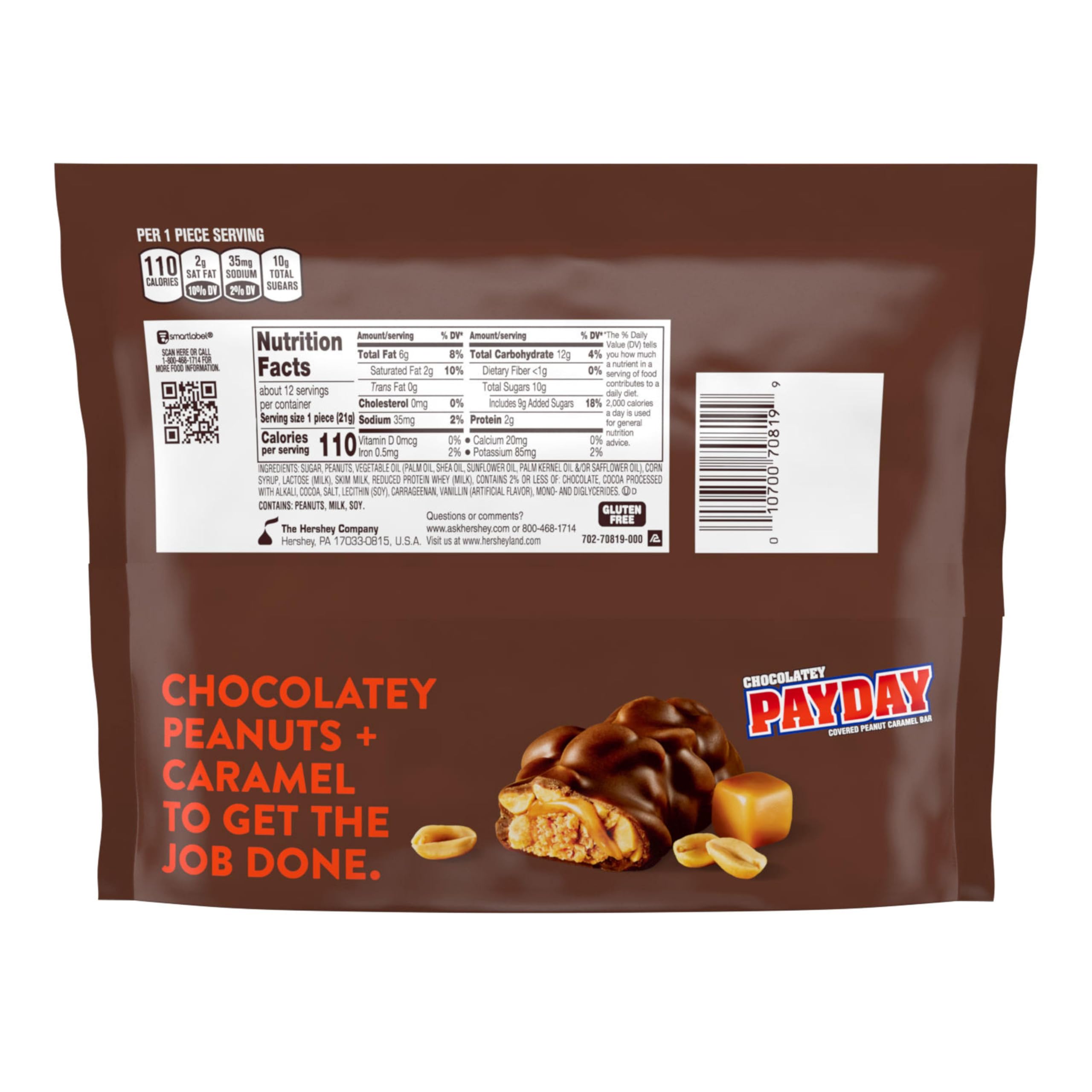 PayDay snacksize closeup highlights peanut caramel center with chocolatey coating.