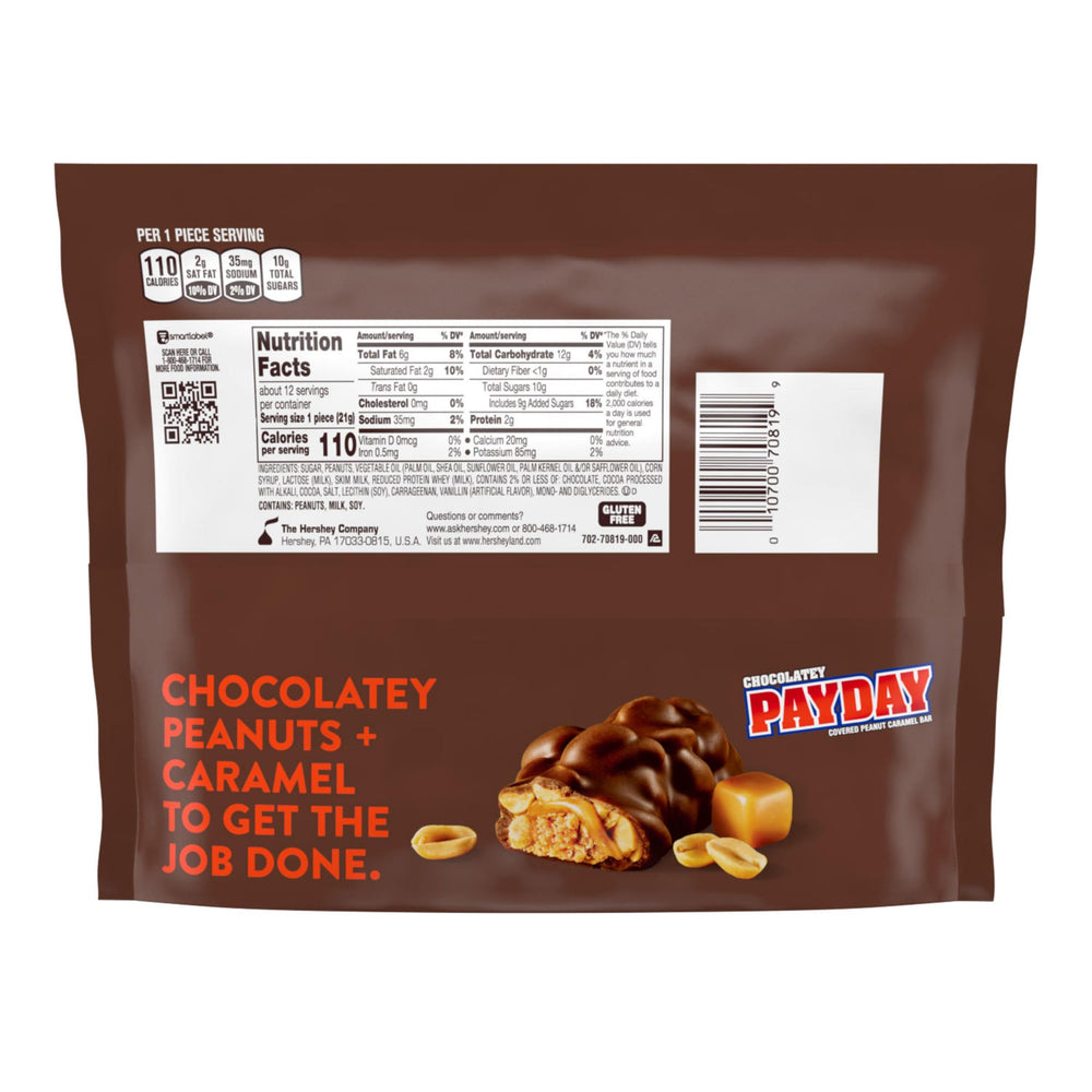PayDay snacksize closeup highlights peanut caramel center with chocolatey coating.