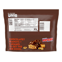 PayDay snacksize closeup highlights peanut caramel center with chocolatey coating.