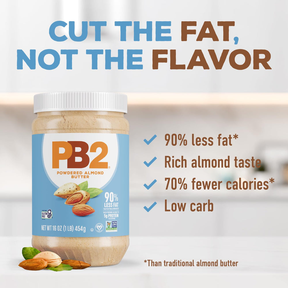 PB2 Almond Butter jar closeup, a light, tasty spread option.