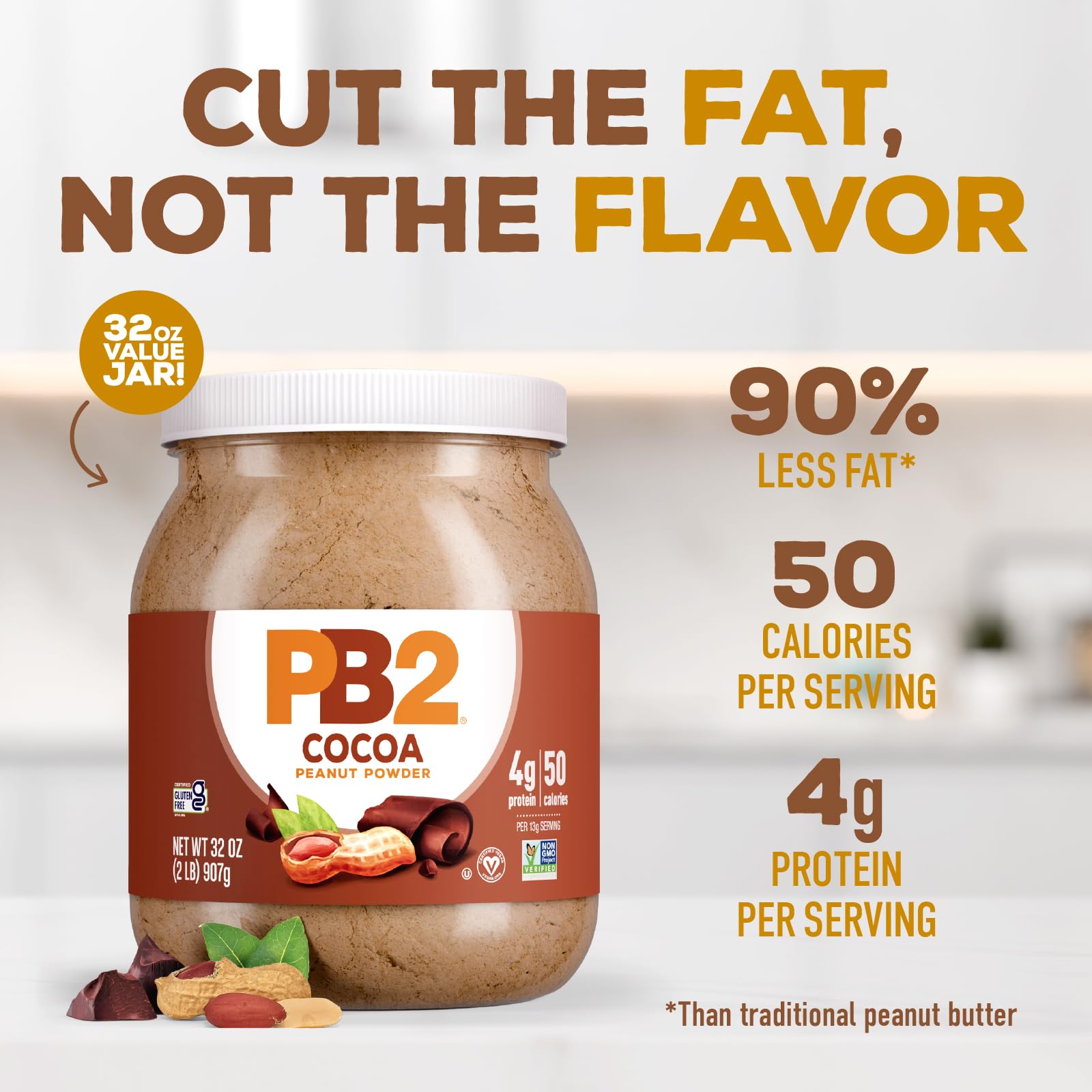 PB2 glass jar side view—gluten-free nutrition in a pantry staple.