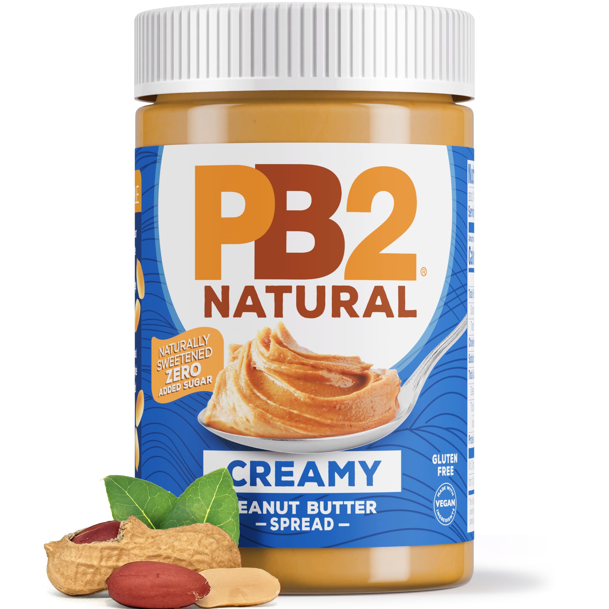 PB2 Natural Creamy Peanut Butter jar shows four simple ingredients.