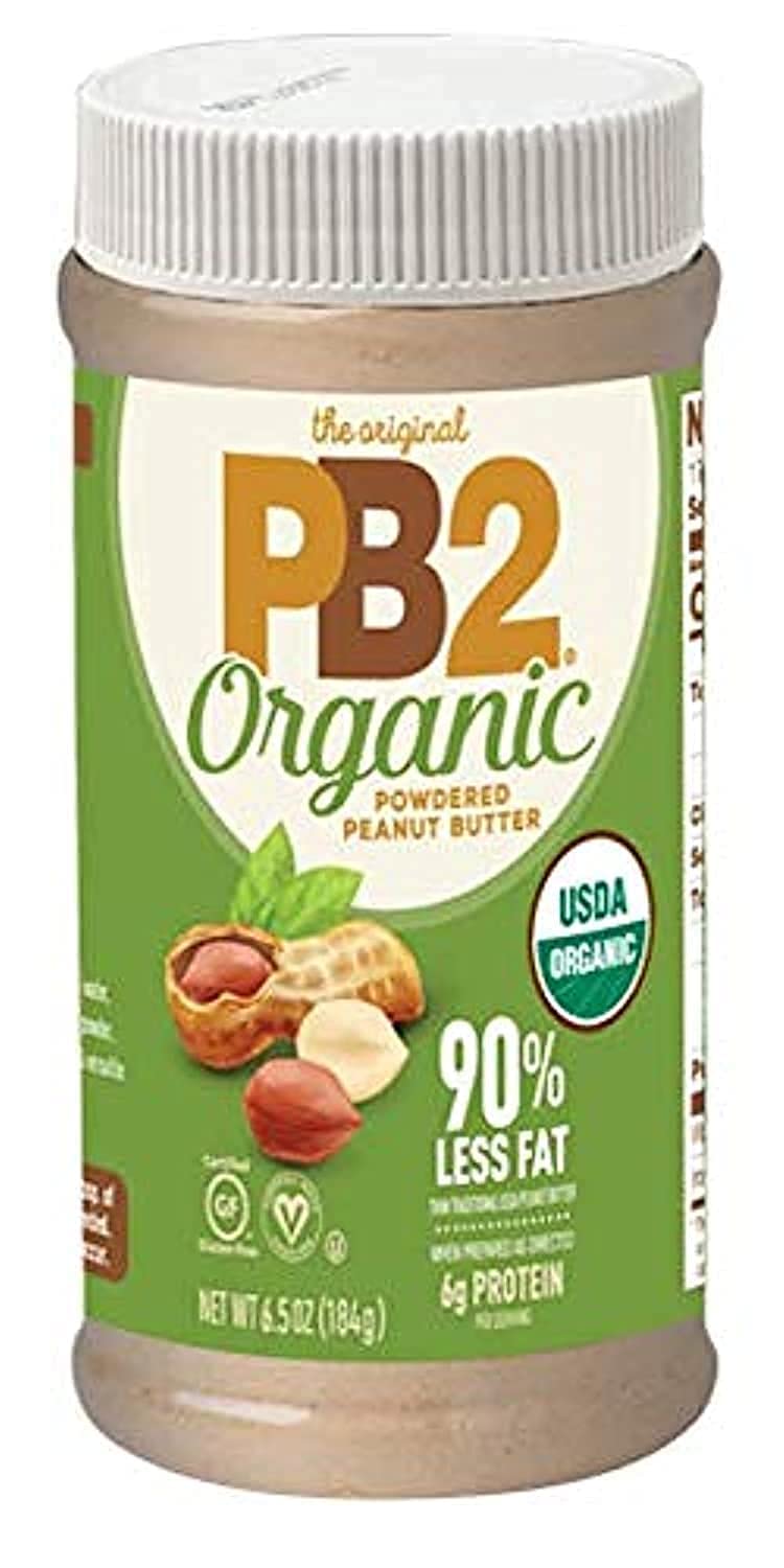 PB2 Organic Powdered Peanut Butter jar highlights organic, gluten-free ingredients