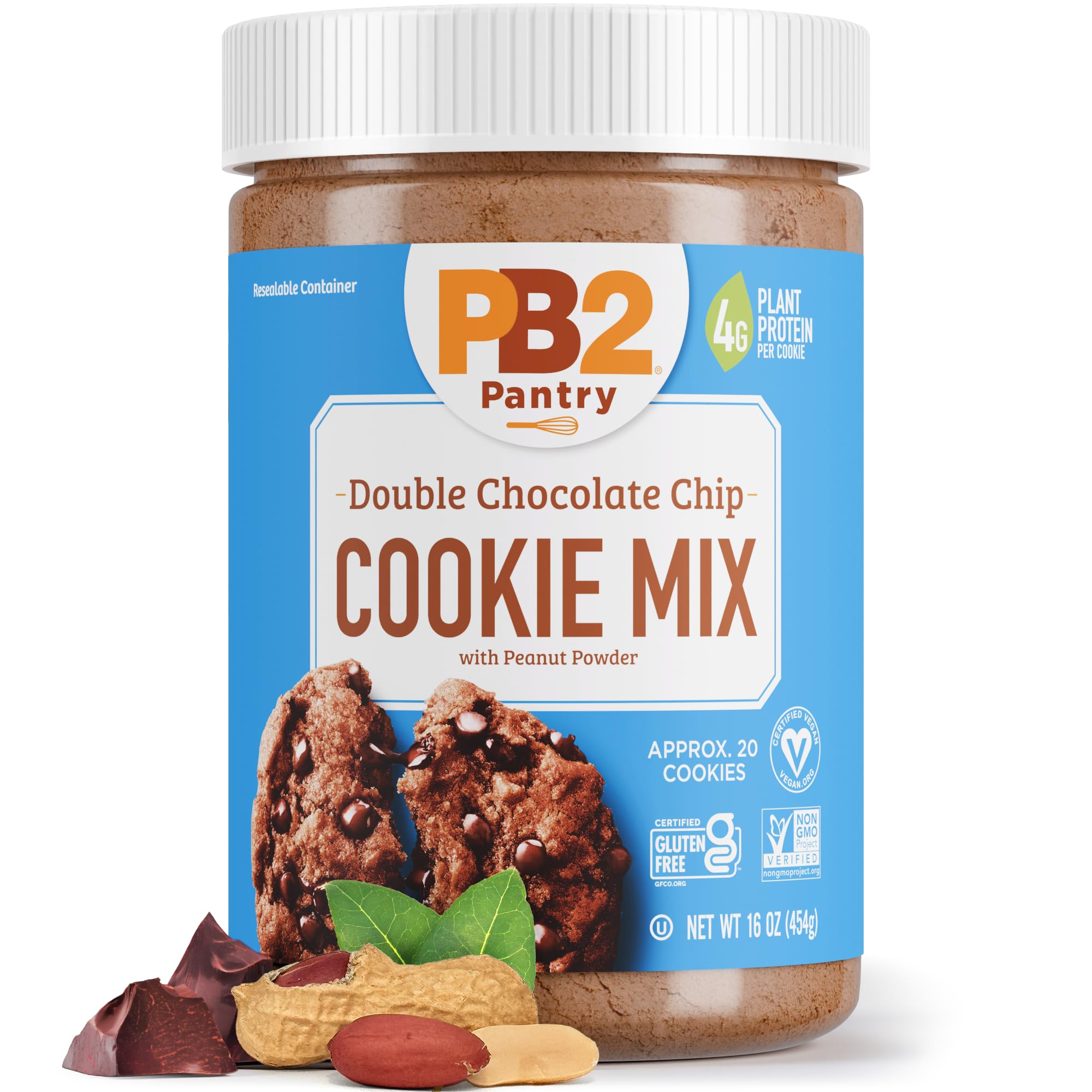 PB2 Pantry Double Chocolate Chip Cookie Mix jar on a counter, vegan and gluten-free.
