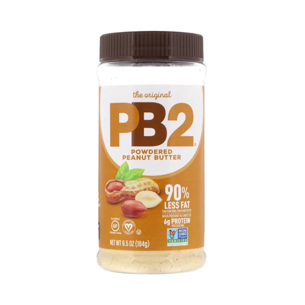 PB2 Peanut Butter Powder bottle close-up, smooth texture ideal for smoothies and baking.