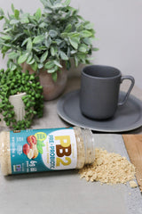 PB2 peanut butter powder canister stored in a pantry